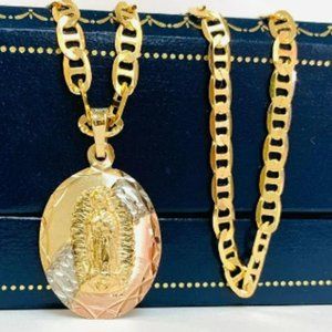Virgen de Guadalupe Necklace Pendant Mariner Link Chain 20" for Womens in Gold F